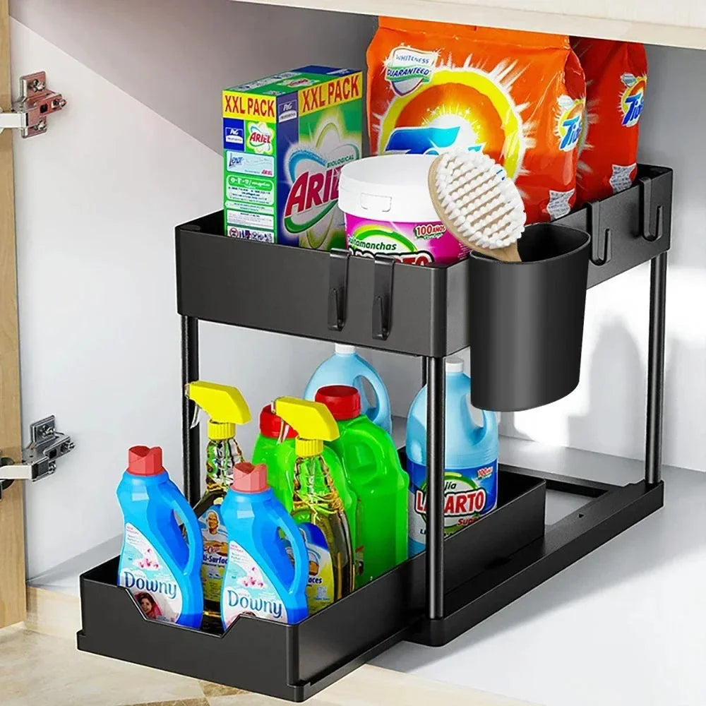 2-Tier Sliding Under-Sink Organizer with Pull-Out Drawer