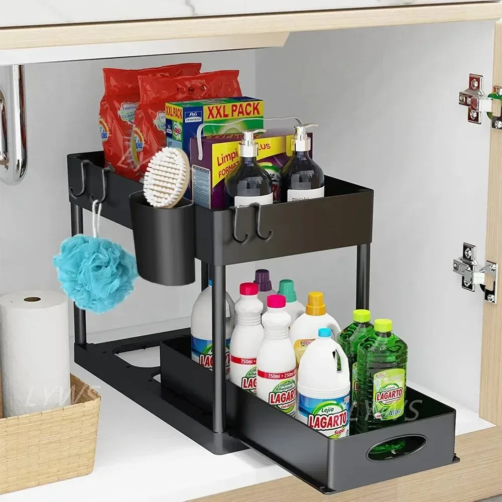 2-Tier Sliding Under-Sink Organizer with Pull-Out Drawer