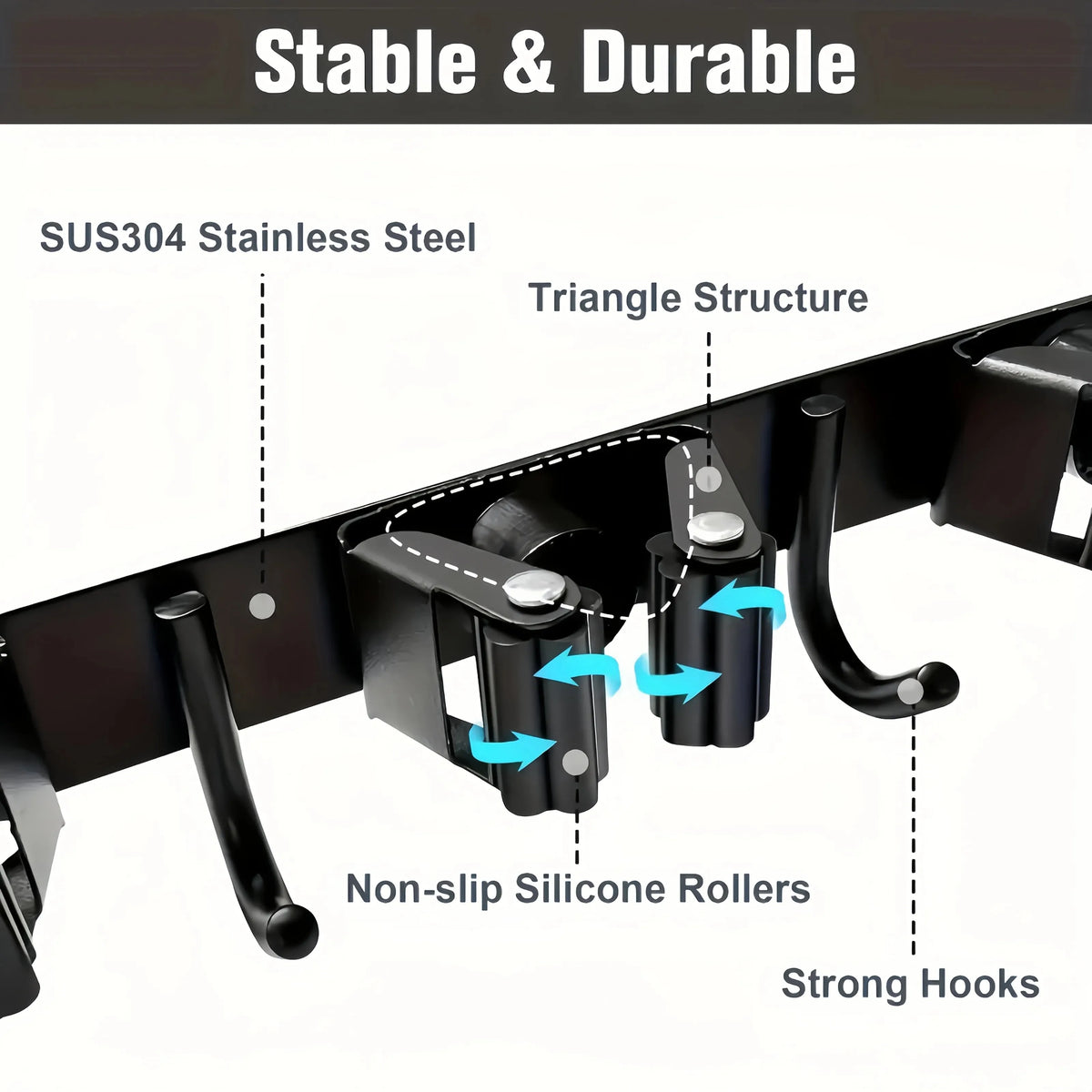 Heavy-Duty Wall-Mounted Broom & Tool Rack – 4 Slots + 5 Hooks