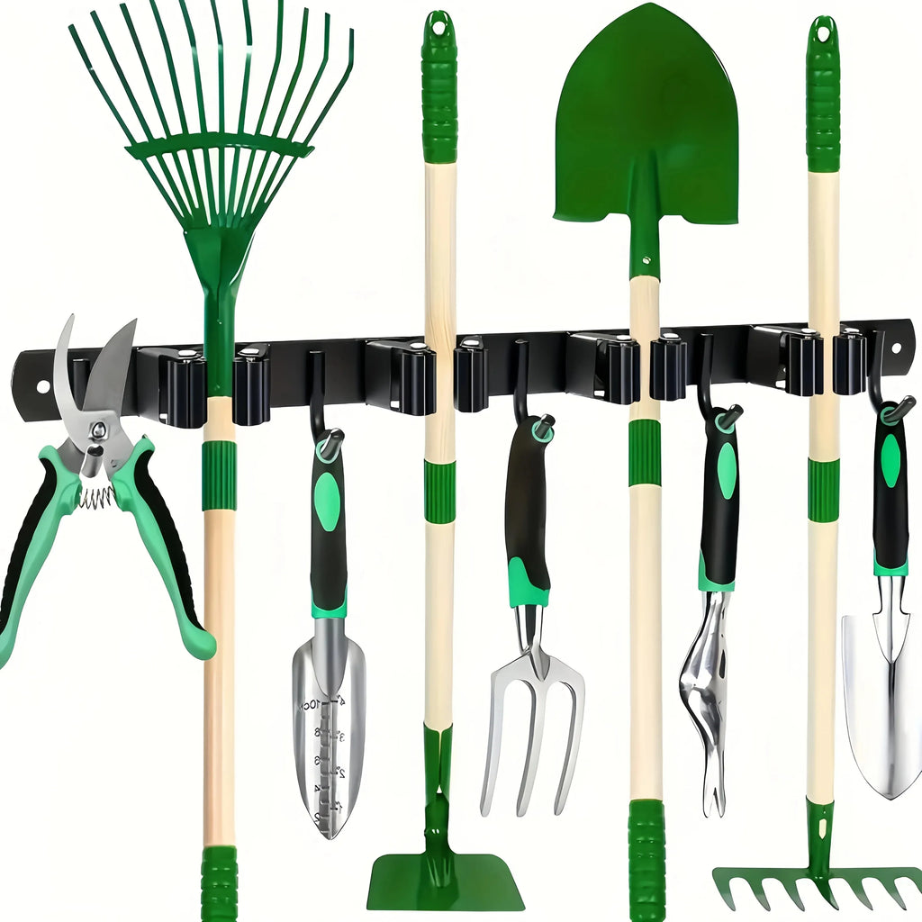 Heavy-Duty Wall-Mounted Broom & Tool Rack – 4 Slots + 5 Hooks