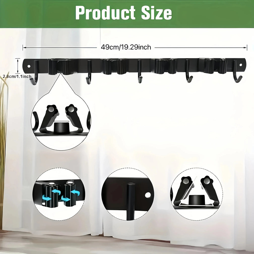 Heavy-Duty Wall-Mounted Broom & Tool Rack – 4 Slots + 5 Hooks