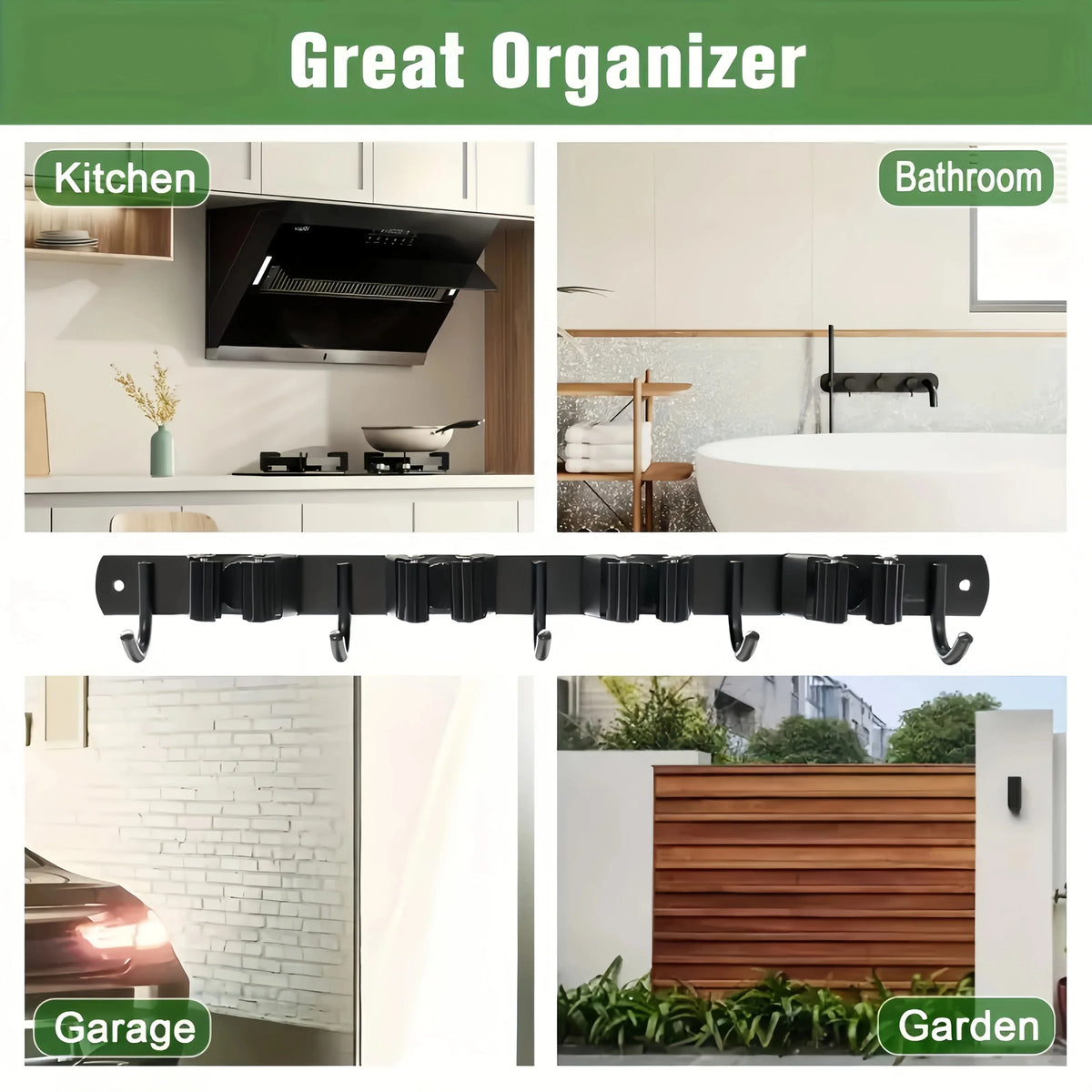 Heavy-Duty Wall-Mounted Broom & Tool Rack – 4 Slots + 5 Hooks