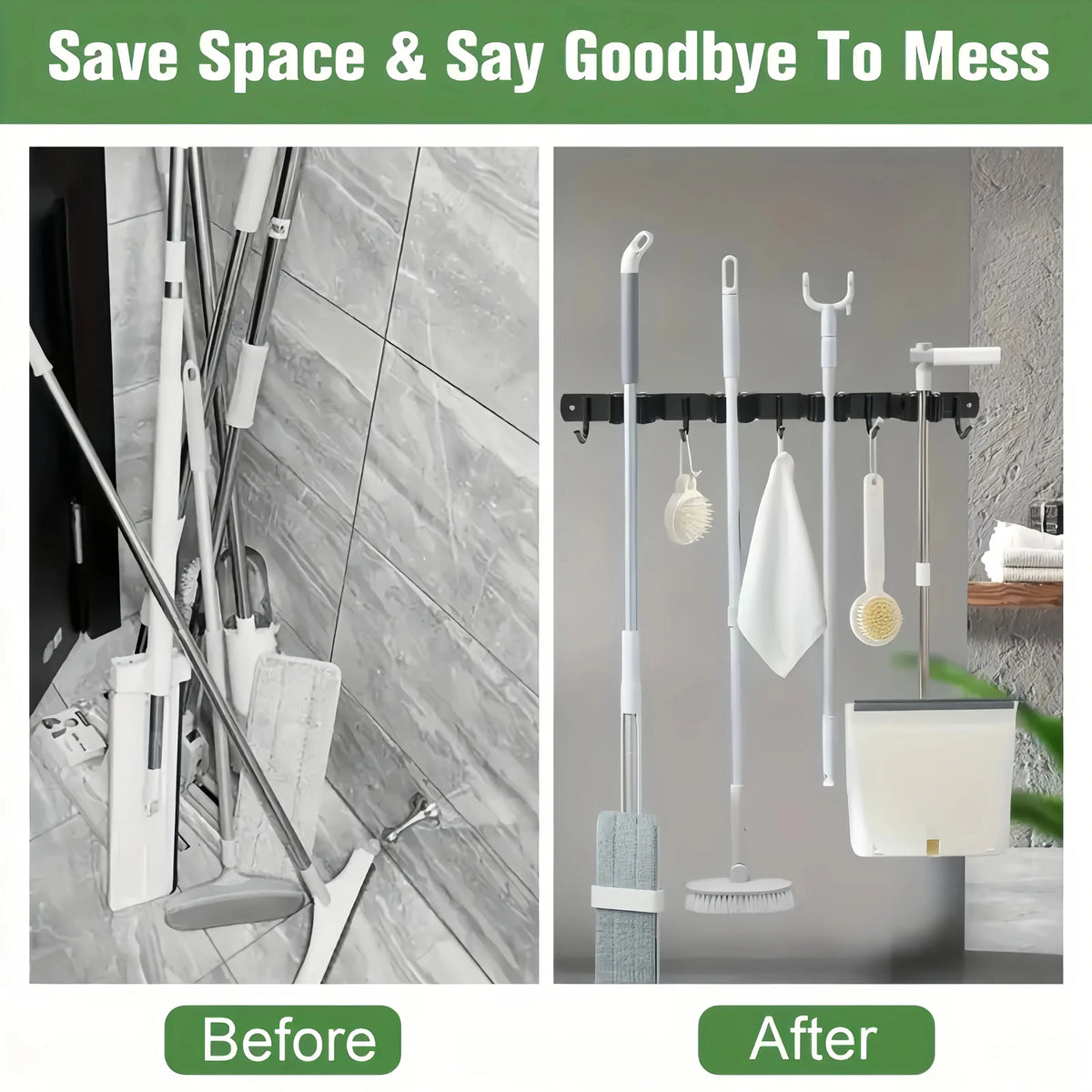 Heavy-Duty Wall-Mounted Broom & Tool Rack – 4 Slots + 5 Hooks
