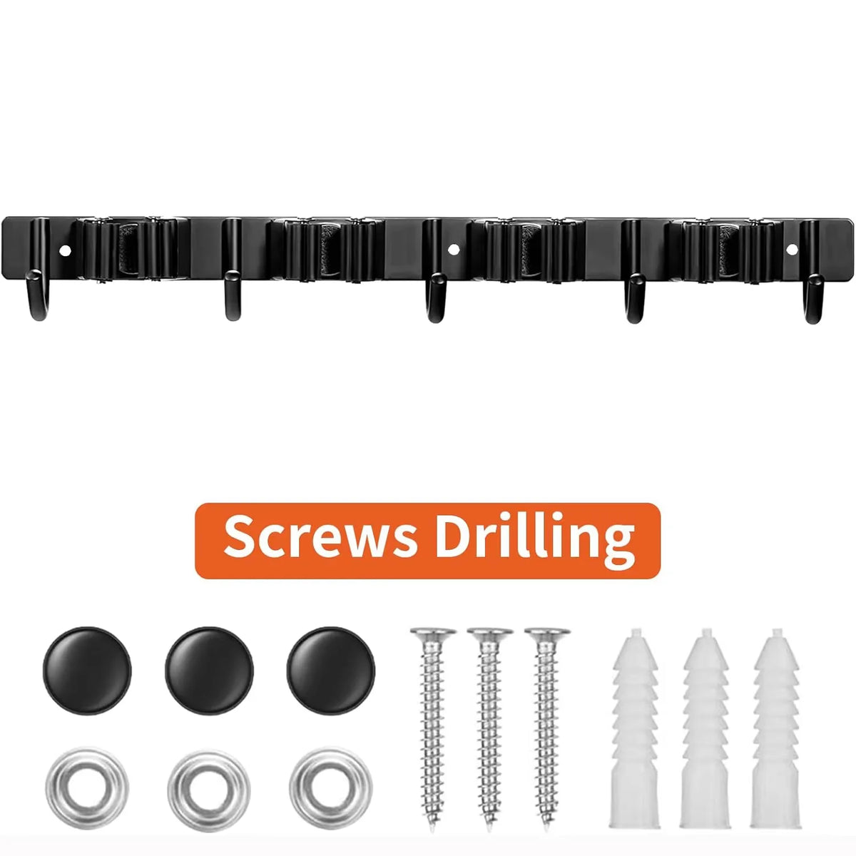 Heavy-Duty Wall-Mounted Broom & Tool Rack – 4 Slots + 5 Hooks
